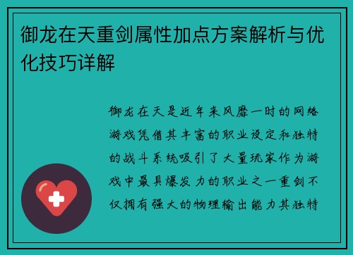 御龙在天重剑属性加点方案解析与优化技巧详解