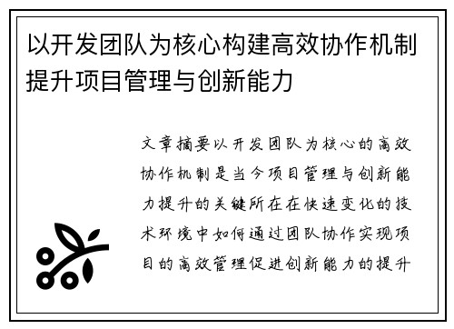 以开发团队为核心构建高效协作机制提升项目管理与创新能力